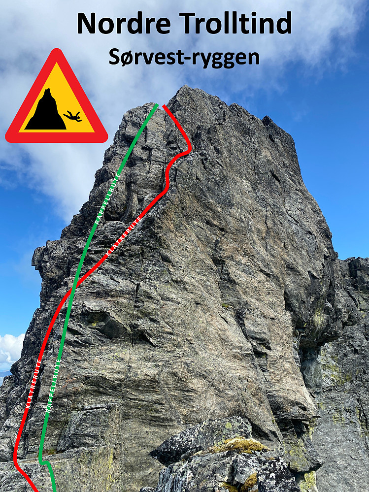 Bilde #5: Rappell- og Klatrerute fra Nordre Trolltind [1492 m.o.h.] ned på nordøstryggen til Store Trolltind. Den inntegnede klatreruta, som jeg benyttet ved denne turen er svært eksponert, og generelt anbefales derfor rappell ved nedstigningen fra Nordre Trolltind til denne fjellryggen.