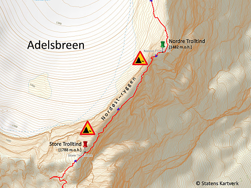 Bilde #18: Min omtrentlige rute opp nordøstryggen. (Jeg har korrigert GPS-trackingen der den hoppet, og åpenbart viste feil). Har lagt på fareskilt for å markere at dette er en rute hvor man normalt benytter trad-sikring.