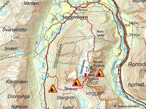 Bilde #19: Oversiktskart over hele turen. Etter å ha besteget Store Trolltind via nordøstryggen, fulgte jeg en rygg på sørsida ned i Storgrova, og derfra tok jeg meg så ned i Isterdalen, og gikk veien tilbake til utgangspunktet.