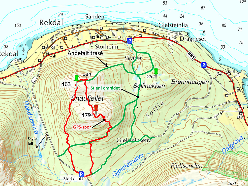 Bilde #3: Kart med oversikt over eksisterende stier i området (avmerket i grønt), sammen med min GPS-tracking fra turen (avmerket i rødt). Den sorte pilen oppad angir anbefalt trasé opp til de top toppene. Nordtoppen har nok den beste utsikten, men sørtoppen er 16 meter høyere.