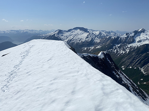 Bilde #12: Utsikt bortover langs vestryggen på Kjørsetdalshornet. Ifølge kartet er det 1275 m.o.h. borte på pynten der.