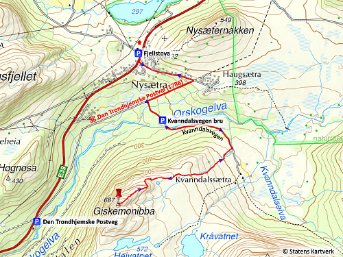 Bilde #8: Kart med vår GPS-tracking. Vi startet turen oppe ved Fjellstova, og fulgte den gamle postvegen ned i dalen, hvor vi krysset Ørskogelva. Et alternativ hadde vært å parkere nede i Landedalen, der Statens Vegvesen har tilrettelagt en parkeringsplass skiltet Den Tronhjemske Postveg; og derfra kunne vi også fulgt postvegen og Kvanndalsvegen fram til en liten parkeringsplass rett før brua over Ørskogelva.