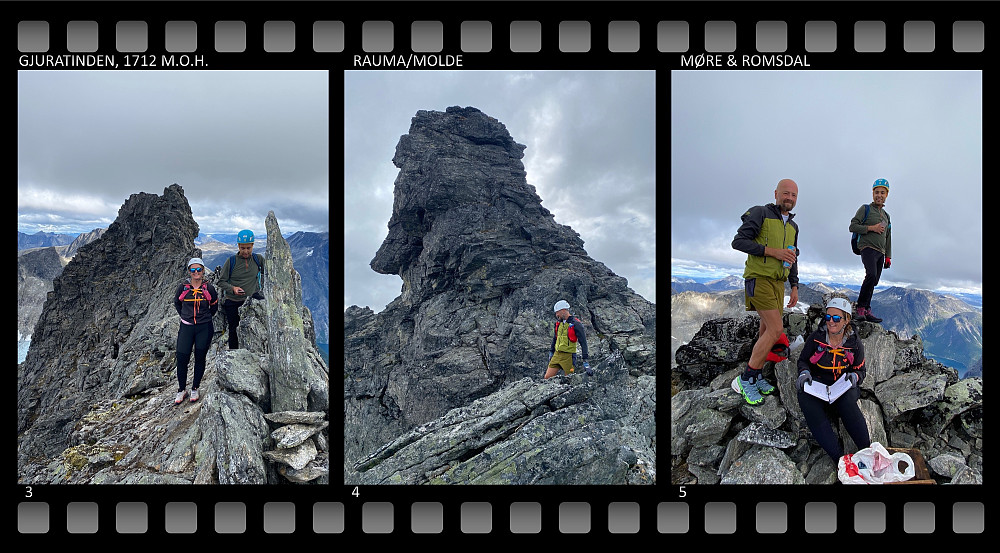 Bilde #3: Dag og Lisa foran nordtoppen [1705 m.o.h.]. Bilde #4: Stian foran hovedtoppen [1712 m.o.h.]. Bilde #5: Stian, Dag og Lisa på hovedtoppen.