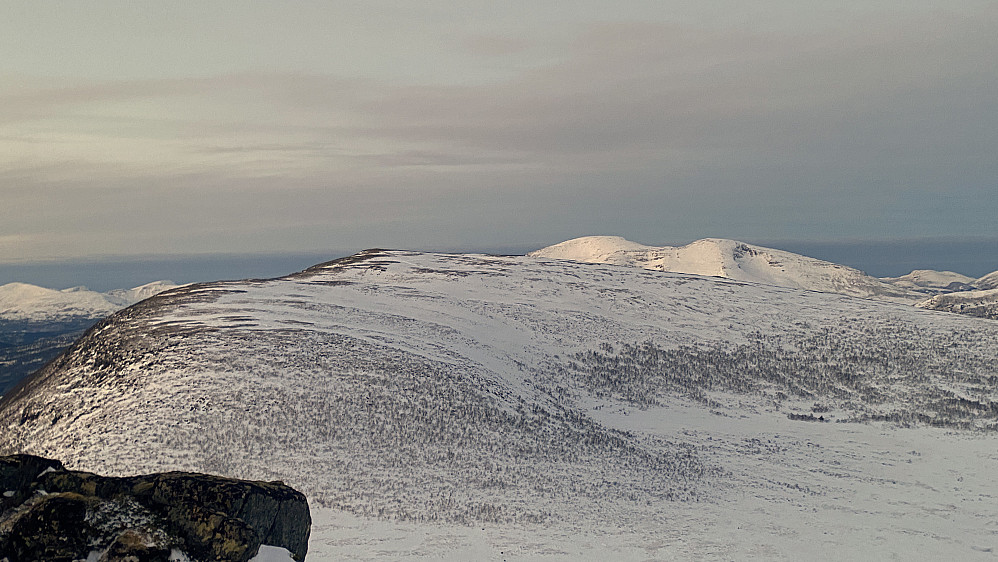 Bilde #13: Skarven i Mittet [835 m.o.h.], med Molde-Skåla [1127 m.o.h.] og Skålaksla [1076 m.o.h.] i bakgrunnen. Også dette bildet er fra toppen av Bolfjellet, dagens destinasjon [770 m.o.h.].