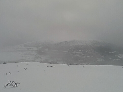 Bilde #15: "Utsikt" mot Svartløkdalen og Svartløkfjellet/Lebergfjellet. Det skal være et lite skar mellom Svartløkfjellet [562 m.o.h.] og Lebergsfjellet [628 m.o.h.], men det var det jo ikke lett å få øye på i dette været.