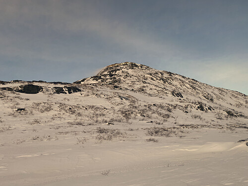 Bilde #6: Sørøstryggen på Skrokkenfjellet sett fra Måsskaret. Vi ser det er for lite snø for noe snøskred på denne sida av dalen, dvs. på nordsida. På sørsida av dalen, var det mer snø, for det samler seg på lesida av fjellene; men ved å holde meg på nordsida av dalføret inn mot Måsvassbu, burde jeg være trygg.