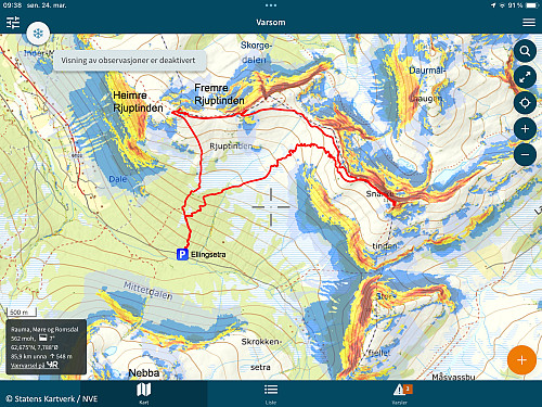 Bilde #7: Min GPS-tracking lagt oppå bratthetskartet fra Varsom/Regobs. Kartet viser hvordan man ved å bestige disse toppene fra denne siden, nokså greit unngår både skredområder og potensielle utløpsområder for skred.