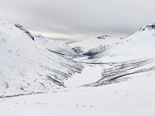 Bilde #7: Utsikt mot Litlevatnet [575 m.o.h.]. Fortsetter man videre innover dette dalføret, kommer man til slutt til Pusken i Stordalen.
