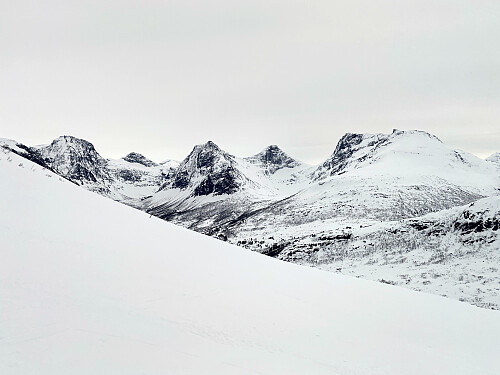 Bilde #8: Utsikt mot (fra venstre): Gamlestølsfjellet [1528], Sjøboltinden [1656], Grønfonnfjellet [1509], Brekkehornet [1525] og Taskedalstinden [1609 m.o.h.]