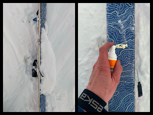 Bilde #12: Ved ca. 1100 m.o.h. hadde det bygget seg opp såpass mye is og snø på undersiden av venstre skifell, at noe måtte gjøres. Løsningen ble å smøre på en feit solkrem, og så gni den godt inn...