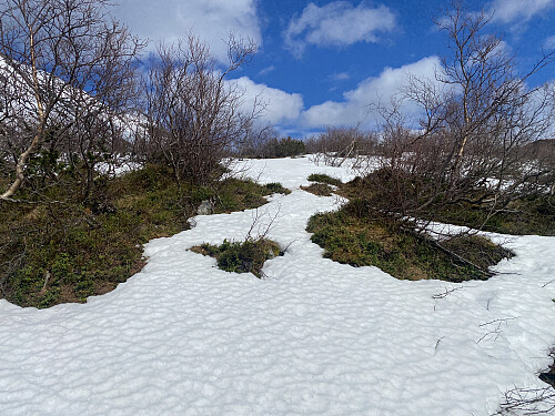 Bilde #3: Da jeg nærmet meg skaret mellom Kinnakollen og Middagstinden, var der en del partier hvor stien var dekket av snø.