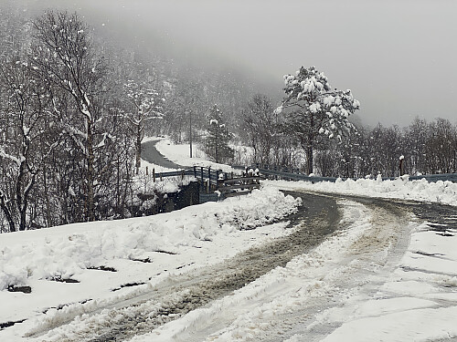 Bilde #1: Det hadde snødd godt det siste døgnet, men Bøstølvegen (bomvegen) var blitt brøytet, så det var bar asfalt opp hit til parkeringsplassen på Herdslan [355 m.o.h.].