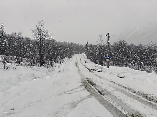 Bilde #2: Det var brøytet videre innover dalen også, men her er det grusvei, så de hadde ikke skrapet like godt nedpå, og det ble håpløst å fortsette med sommerdekk på bilen.