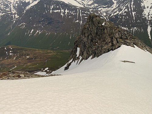 Bilde #13: Tilbakeblikk på snørenna jeg nettopp er kommet opp. Kinnakollen [729 m.o.h.] sees i venstre billedkant.
