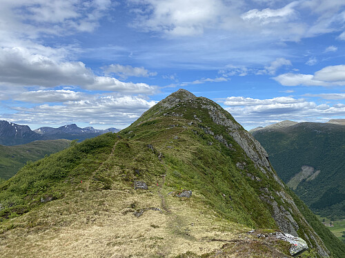 Bilde #9: På fjellryggen mellom Storskorka og Litleskorka [ca. 750 m.o.h. der dette bildet er tatt fra], og stien dreier her utover mot toppen av Storskorka [861 m.o.h.].