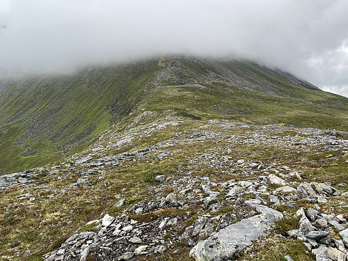 Bilde #23: Hoemskaret, ryggen mellom Øspefonna [1084 m.o.h.] og Øspetinden [1228 m.o.h.]. Det laveste punktet på ryggen ligger nede på 873 m.o.h.