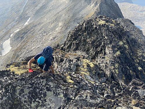 Bilde #15: Straks oppe på hovedtoppen, Skarfjellet 1723, etter et kort klatre/klyveparti.