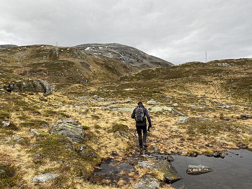 Bilde #2: Vi er oppe på Klovfjellet, og nærmer oss Vassdalen, og ser Meddalsheia på andre sida. Berdalsnibba sees midt i bildet.