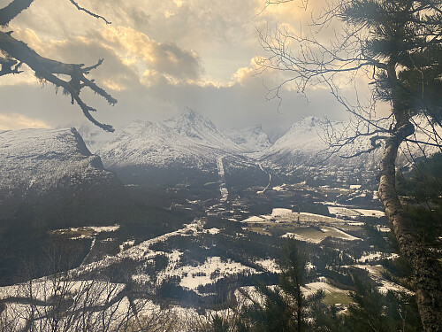 Bilde #5: Utsikt utover jordbruksområdet på Moa Isfjorden, mellom elvene Isa og Glutra. Rett fram sees Venjedalen.