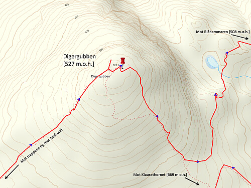 Bilde #9: Kartutsnitt med tette høydekurver på østsida av Digergubben. GPS-trackingen viser hvordan jeg omgikk dette bratte partiet ved å følge stien mot Klausethornet et stykke, før jeg la kursen mot Blåhammaren.