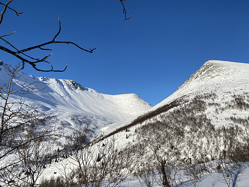 Bilde #3: Utsikt fra Steinberg-reset. Til venstre i bildet sees Loftskartinden [1190], og til høyre sees Skarven [1143 m.o.h.].