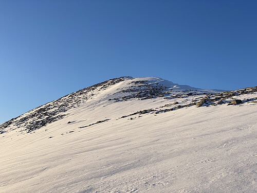 Bilde #12: Noe avblåst trasé fra sadelen og bort til Skarven [1143 m.o.h.].