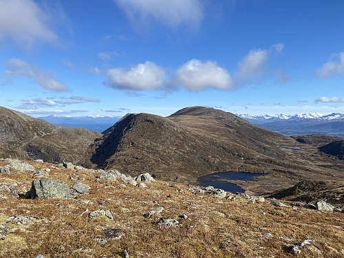 Bilde #13: Utsikt fra Skåla [607 m.o.h.] bort på Foksåta [632] og Opstadhornet [737 m.o.h.]. Vestnesfjella sees til høyre i bakgrunnen.