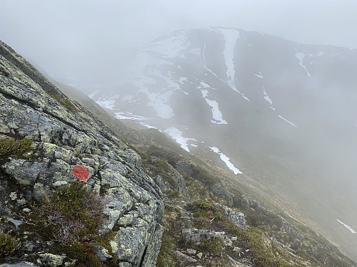 Bilde #3: Turen oppover mot Sandfjellet [1470 m.o.h.] er rødmerket. I bakgrunnen skimtes Storbua [1498 m.o.h.] gjennom skydekket.