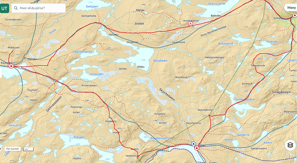 Rød strek viser valgt rute