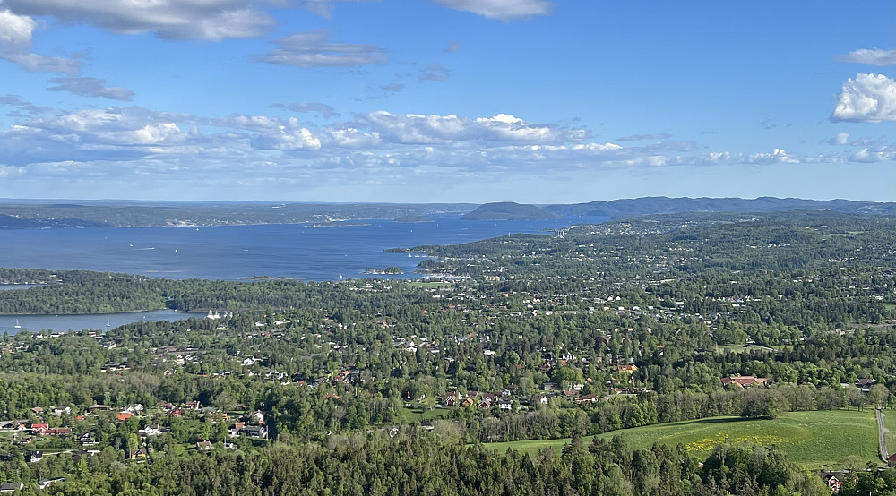 Utsikt mot Oslofjorden. Håøya ligger markert litt til høyre for midten av bildet. 