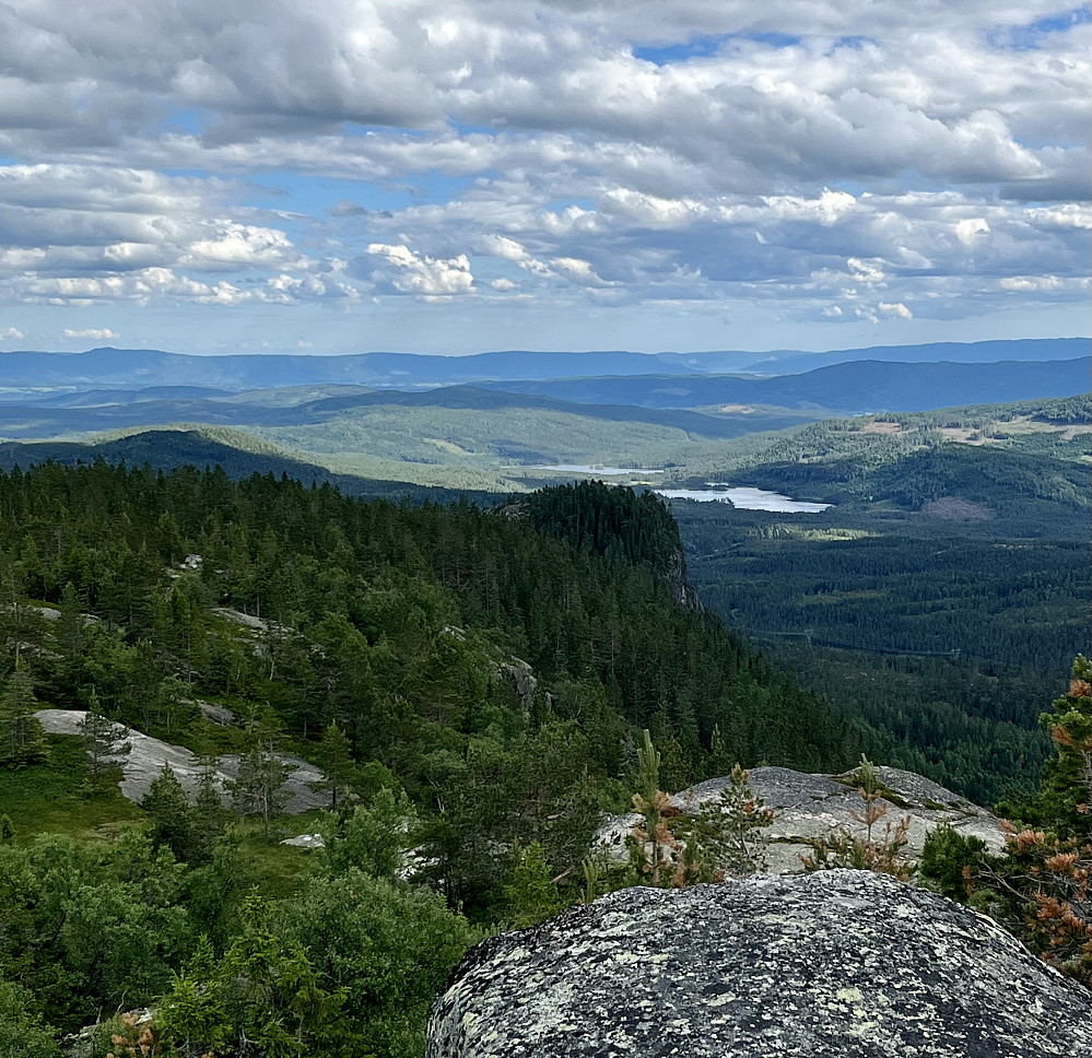 Utsikt fra Hestbrenna tilbake langs åsen til Tjuvenborg. I bagrunnen ses Øvre og Nedre Vælsvannene. Helt bak kan Steinsfjorden skimtes.