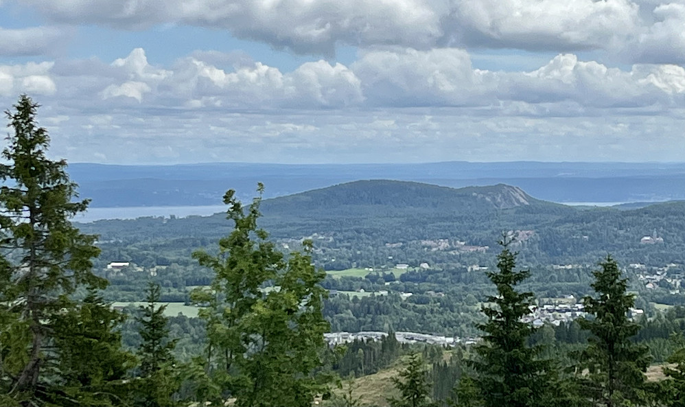 Utsikten fra Kraftkollen mot Vardåsen i Asker; De tre klatresvaene er tydelige på høyre side av åsen