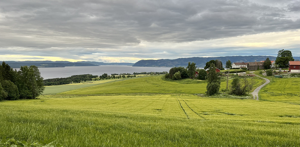 Usikt sørover langs Mjøsa. Gården til høyre 
i bildet er Eik gård.