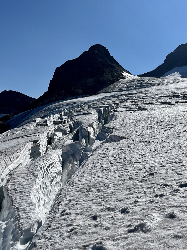 På Hellstugubreen kommer en labyrint av bresprekker til syne så sent i sesongen. Nordre Hellstugubreahesten er imponerende fra denne vinkelen.