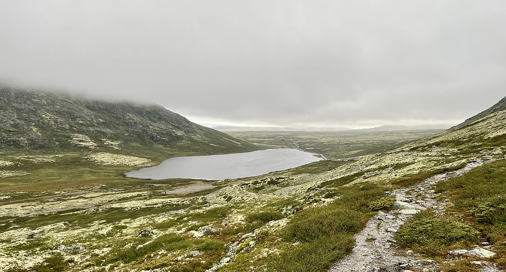 En grå start på dagen med lavt skydekke over Høvringsvatnet, og litt regn i luften. Men værmeldingen viste at solen skulle titte frem allerede på formiddagen, så jeg la i vei i godt mot.