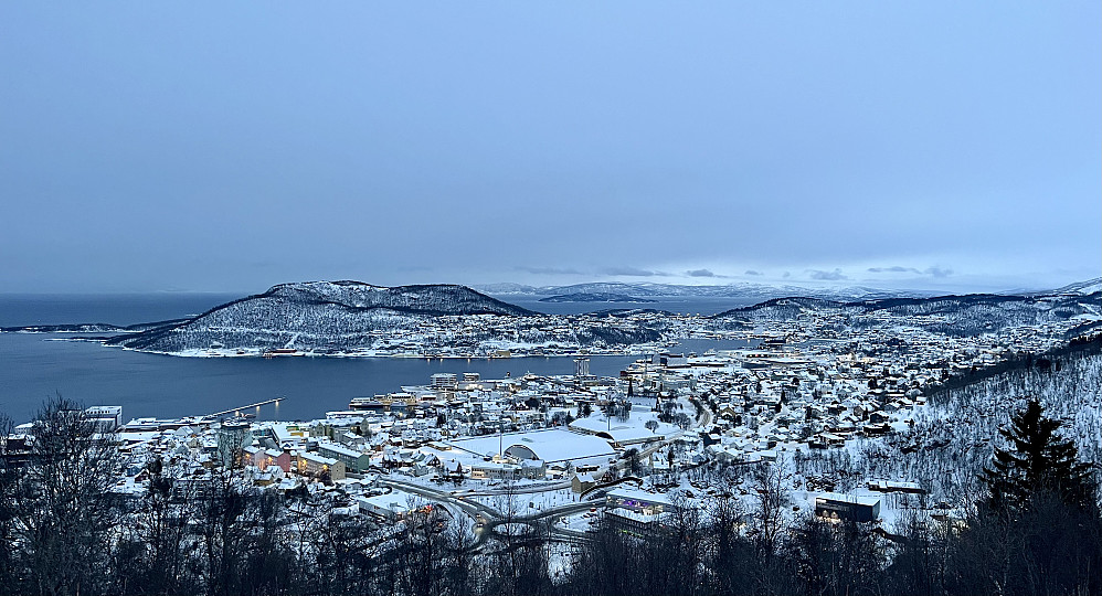 Utsikt over Harstad sentrum på en litt grå dag. Gansåsen i bakgrunnen.