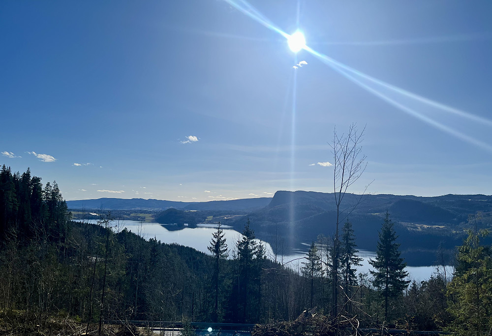 Fra annleggsveien får man denne utsikten mot den innerste delen av Holsfjorden (som er en del av Tyrifjorden). Brekkeåsen er den runde skogkledde toppen på andre siden av vannet.