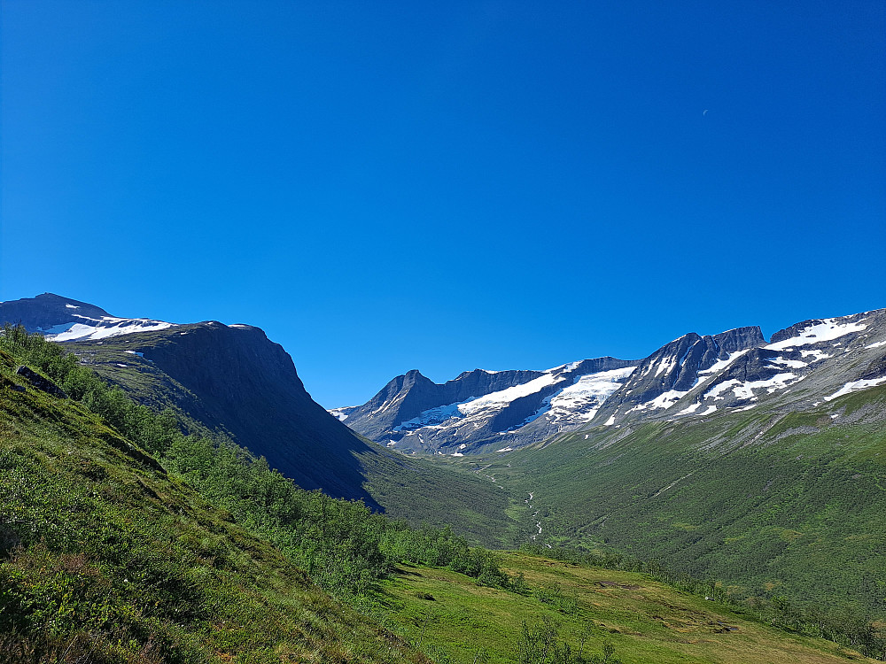 Nydeleg utsikt når ein kjem ut av skogen.
Dyrdalen med Torvløysa til venstre og Skorene til høgre.