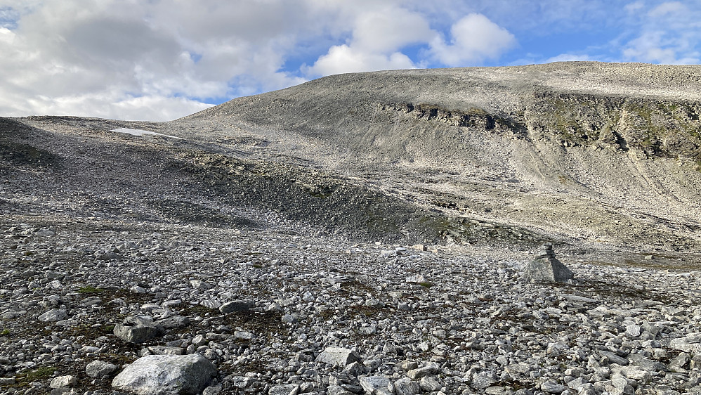 Varde ved utløpet av elven fra Kupevatnet. Sørflanken av Blåfjellet i bakgrunnen. Det anbefales å gå ryggen midt i bildet mot toppen!