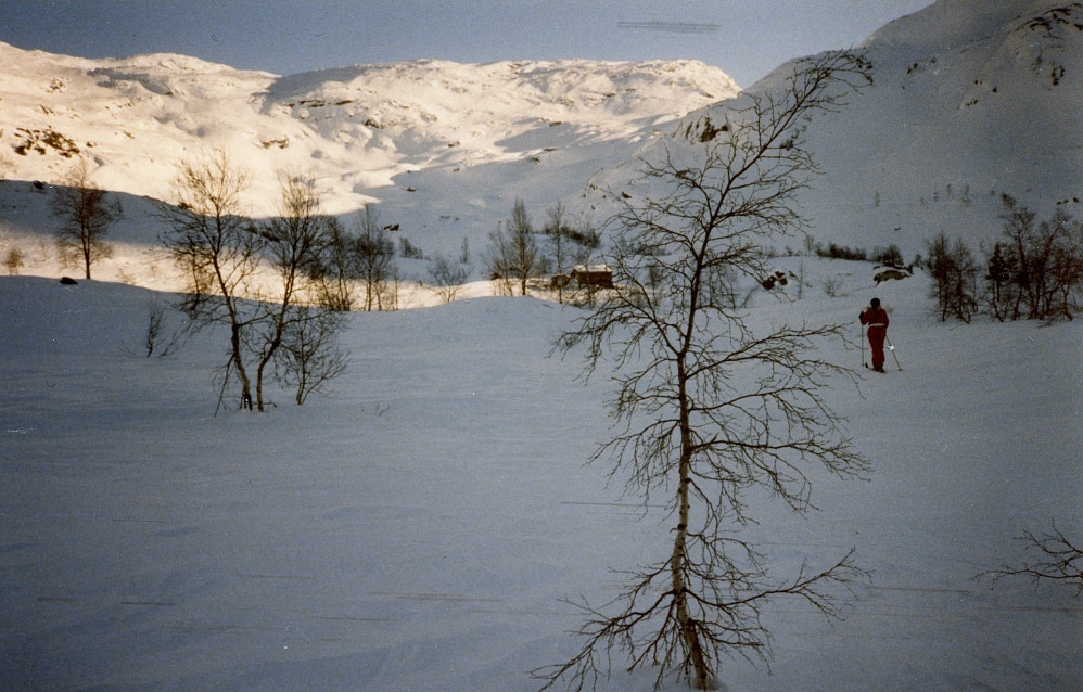 Mjølbotnsetrene februar 1986. Såvidt sol ned i Mjølbotn