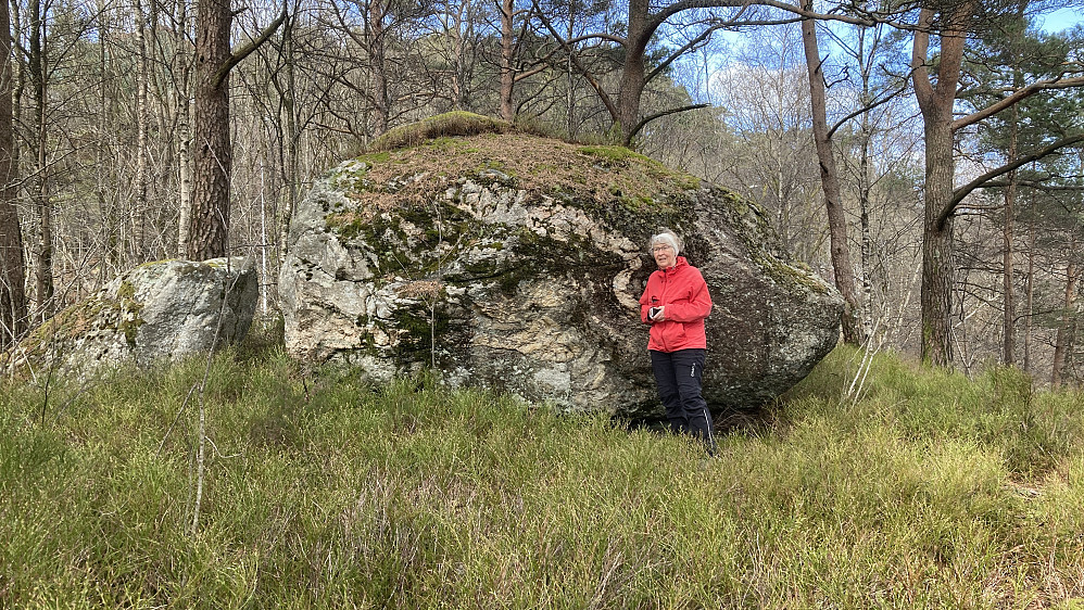 Astrid ved Jomfrusteinen på Jomfruneset, Sælenvannet. Foto mot NNV