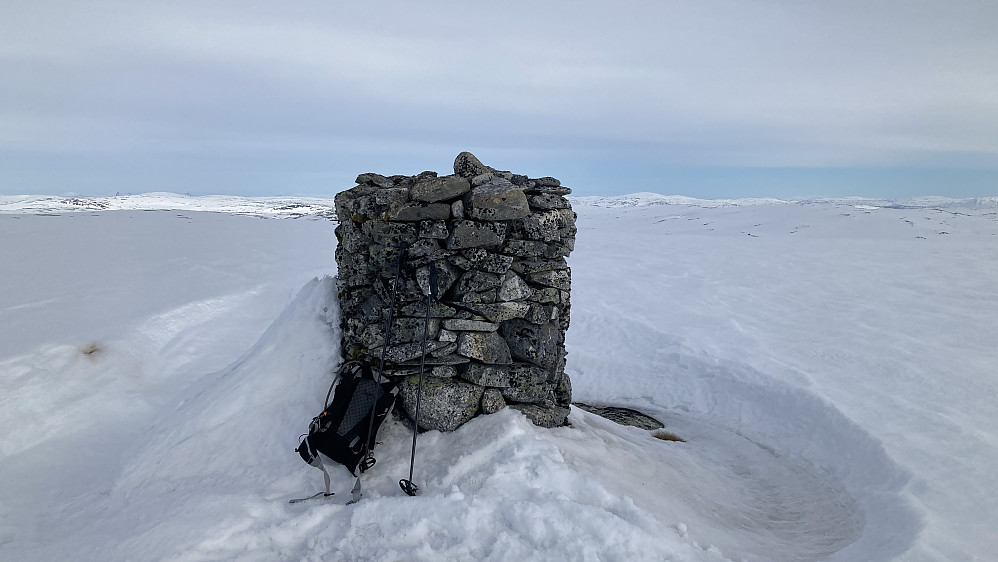 Varden på toppen av Nonsfjellet 927. Koordinatene 32V 672595 7207421 i samsvar med Kartverkets "fot varde"