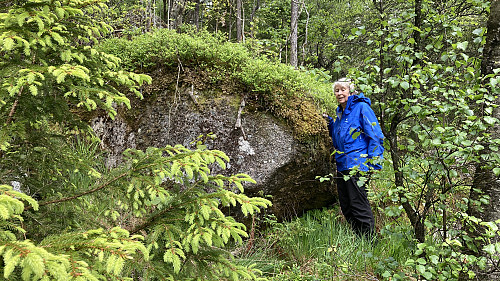 Astrid ved stor stein over Løvstien Sør. Kopesteinen??