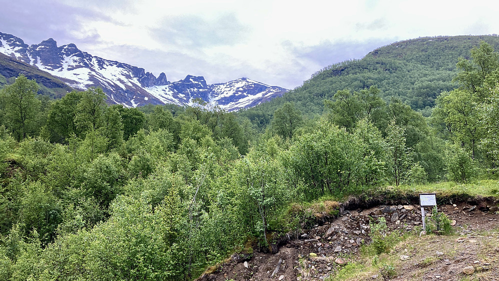 Foto fra P-plassen på returen. Langlitinden midt i bildet i himmelsynet. Fjollen mot venstre virker høyere, men det er synsbedrag!