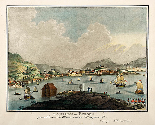 La Ville de Bergen fra Hegrenesbatteriet omkring 1810. Fargeakvatint av George Haas (1751-1817) i Nasjonalmuseet, billedkunstsamlingene