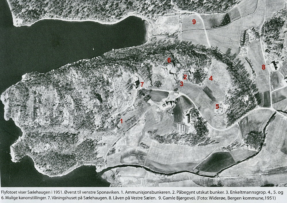 Flyfoto fra 1951 som viser installasjonene på Sælehaug. Avfotografert fra Fyllingsdalsboken bind 3 side 120