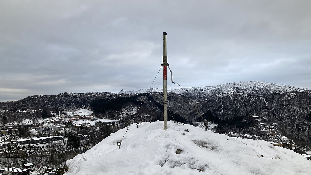 Trig-merket på toppen av Helldalssåta. Ulriksmasten i bakgrunnen mot venstre