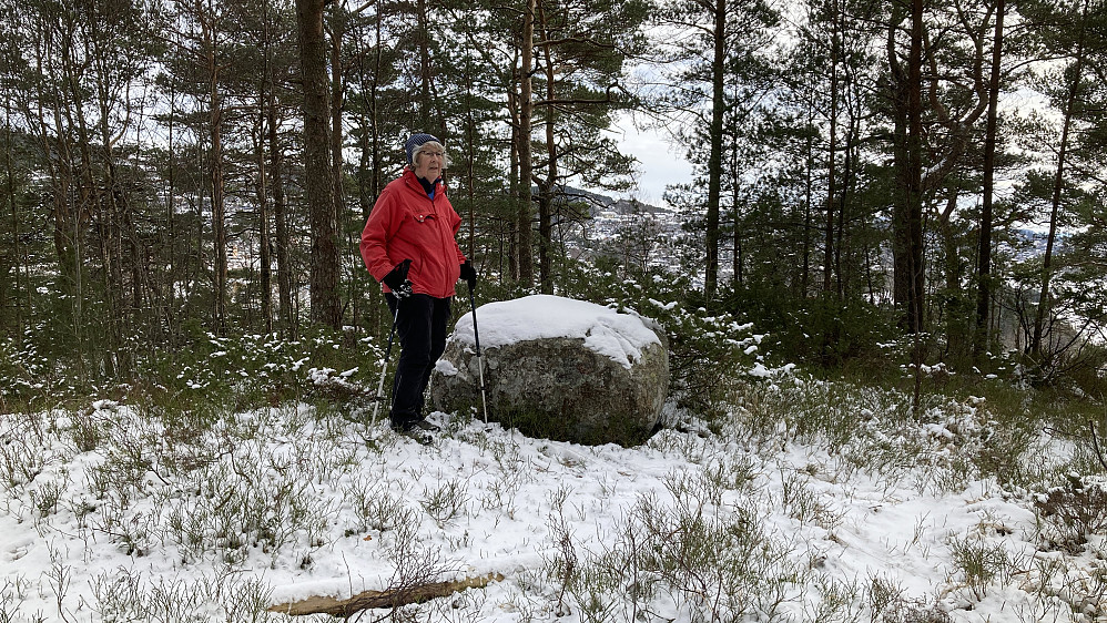 Astrid ved steinen på høyeste punkt på kollen nord for Myrholtet 110-116