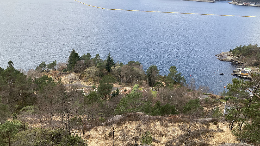 Utsikt fra Bjørge Bunker 12 mot området med Bunker 1, 2, 3 og brakkegrunnmur. Midtvika mot høyre.