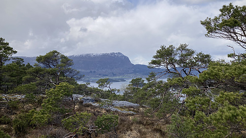 Utsikt vestover motTysnes og snødekte Hovlandsnuten 737 moh
